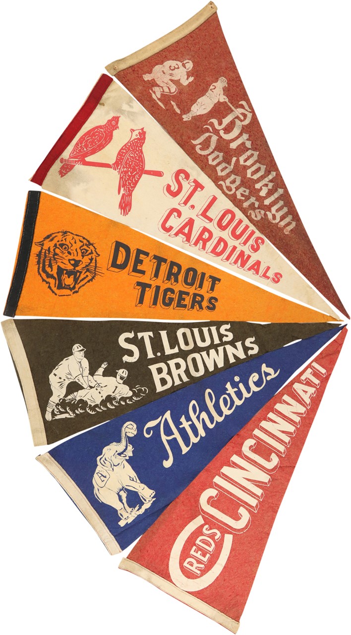 Baseball Memorabilia - 1940s-50s Felt Baseball Pennants w/Brooklyn Dodgers (6)