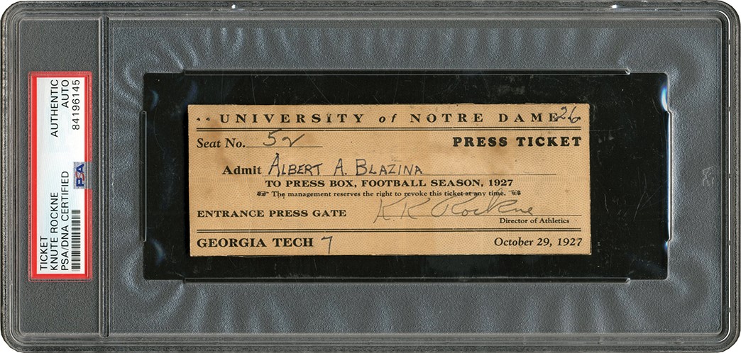 Football - 1927 Notre Dame Press Gate Ticket Signed by Knute Rockne (PSA)