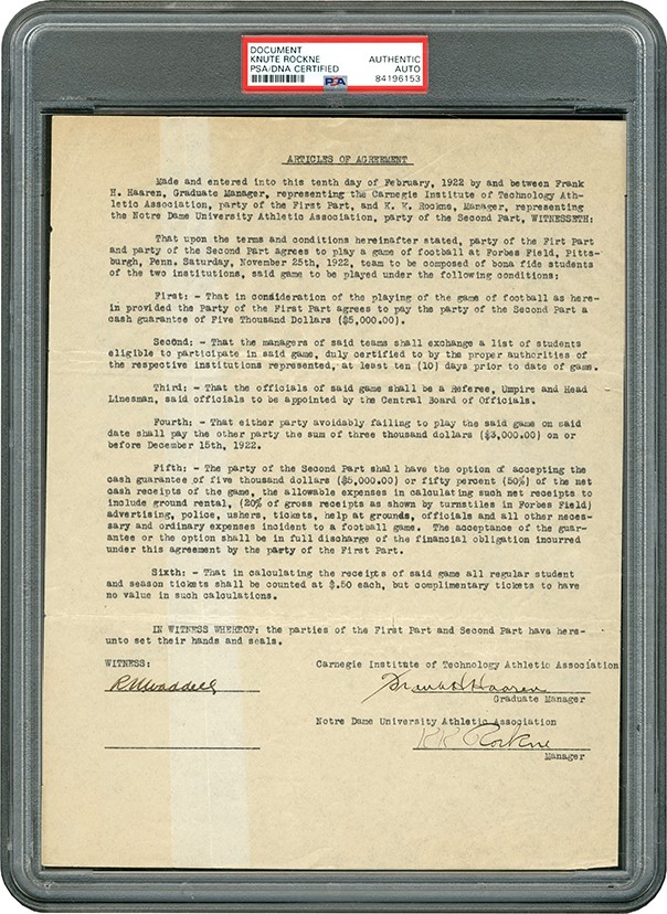 Football - 1922 Football Contract Signed by Knute Rockne (PSA)