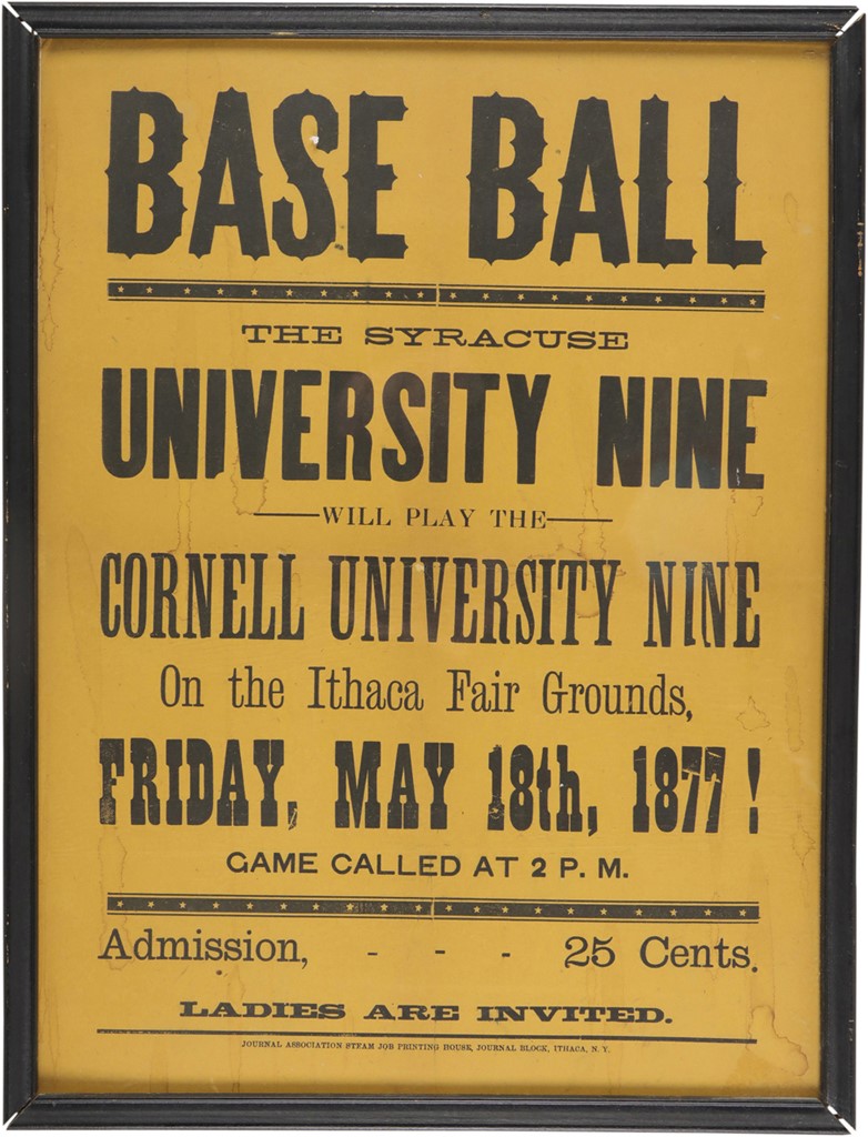 Baseball Memorabilia - 1877 Syracuse University vs. Cornell University Base Ball Broadside