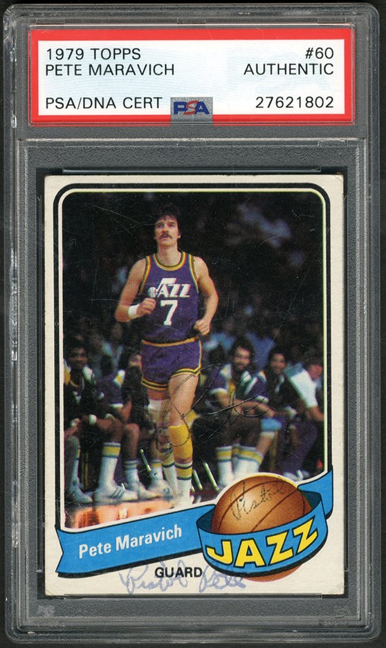 Basketball Cards - 1979 Topps #60 Pete Maravich Triple-Signed Card (PSA)