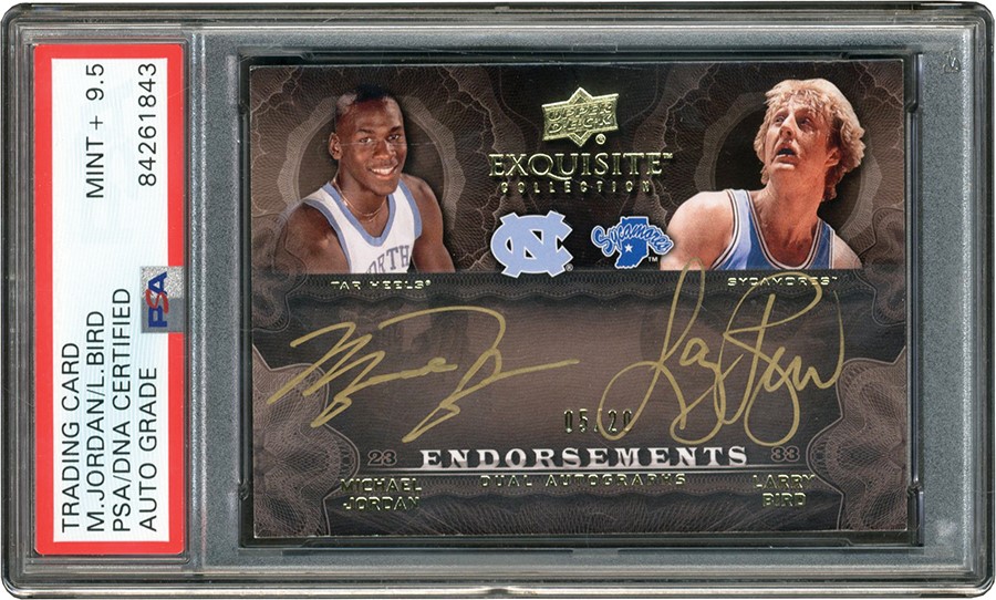 - 2011-12 Exquisite Collection Dual Endorsements Michael Jordan & Larry Bird Dual Autograph 5/20 (PSA MINT+ 9.5 Auto)