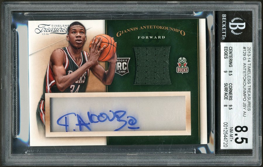Basketball Cards - 2013-14 Panini Timeless Treasures #129 Giannis Antetokounmpo Rookie Autograph Jersey BGS NM-MT 8.5 - Auto 9