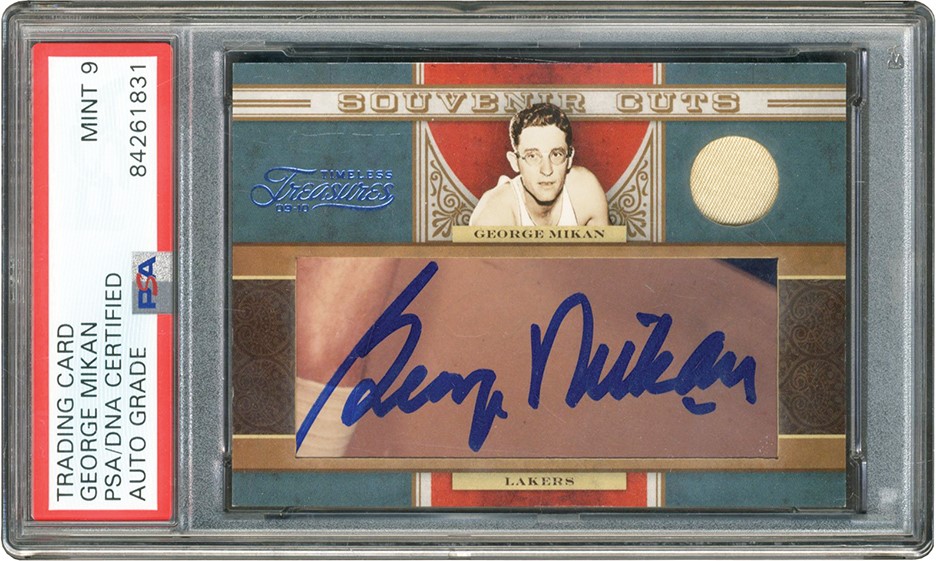 Basketball Cards - 2010 Panini Timeless Treasures Souvenir Cuts #1 George Mikan Game Worn Patch Autograph 2/25 (PSA MINT 9 Auto)
