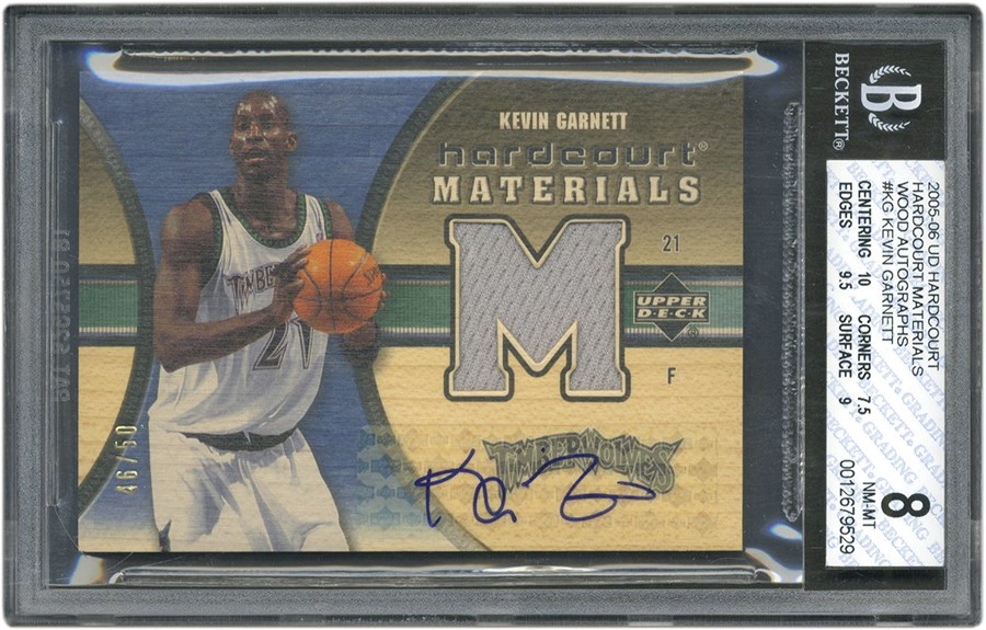 Basketball Cards - 2005-06 Upper Deck Hardcourt Materials Kevin Garnett Game Worn Jersey Autograph 46/50 BGS NM MT 8
