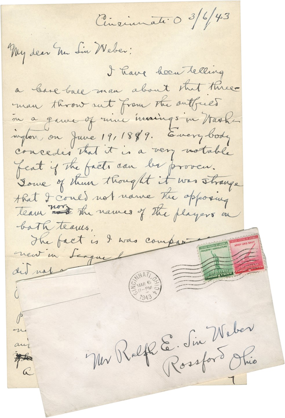 1943 Dummy Hoy Handwritten "Three Men Out" Letter (PSA)