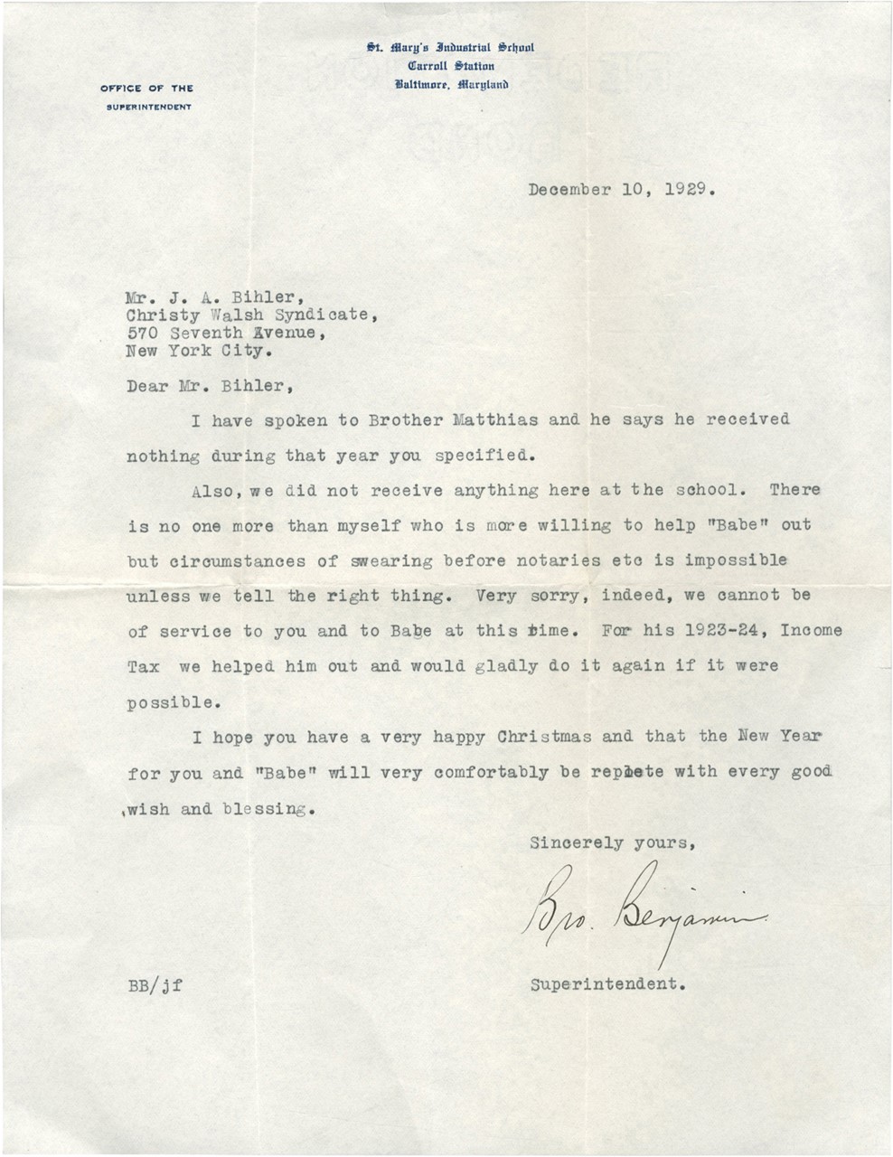 1929 St. Mary's Brother Mathias Won't Lie to Save Babe Ruth from Tax Problems Letter