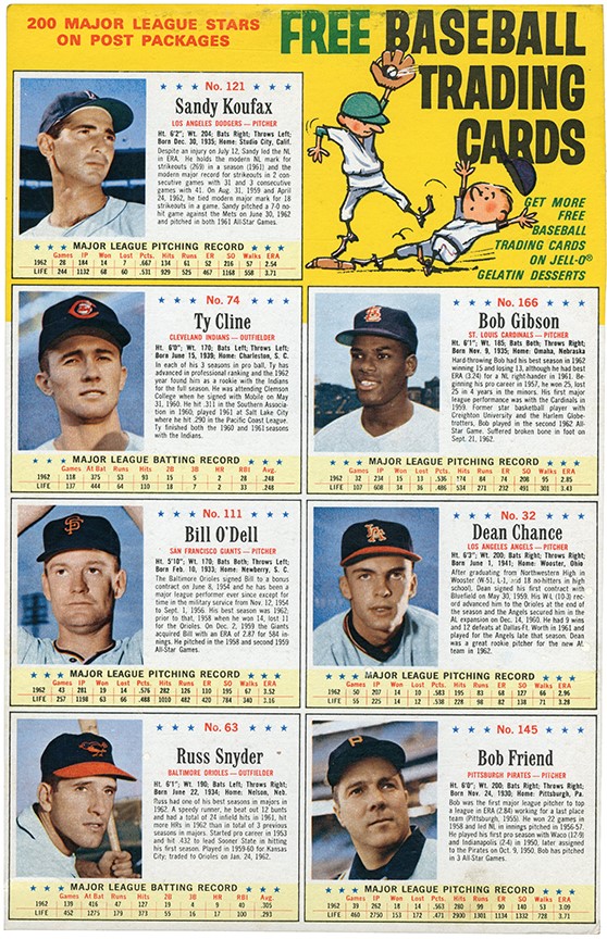 - 1963 Post Cereal 7-Player Uncut Box Back w/Koufax & Gibson