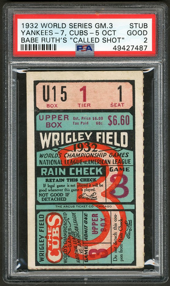 - 1932 World Series Game 3 Babe Ruth "Called Shot" Ticket Stub (PSA GOOD 2)