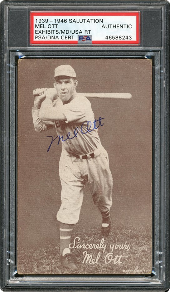 Baseball and Trading Cards - 1939-46 Mel Ott Signed Baseball Exhibit Card - Only PSA Graded Example (PSA)