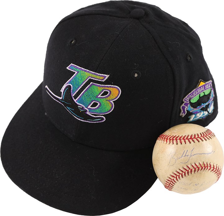 Baseball Equipment - March 31, 1998, Game Used Baseball and Cap from the First Ever Tampa Bay Devil Rays Game