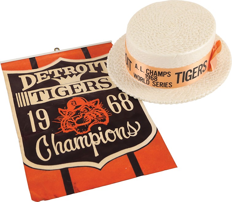 Ty Cobb and Detroit Tigers - Rare 1968 Detroit Tigers Souvenir Hat and Championship Pennant