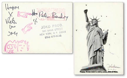 The Beatles - John Lennon Signed Handwritten and Drawn Statue of Liberty Postcard