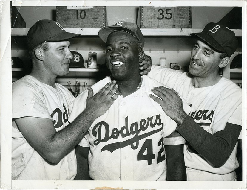 - 1956 Jackie Robinson and Pals In Dodgers Clubhouse Photograph