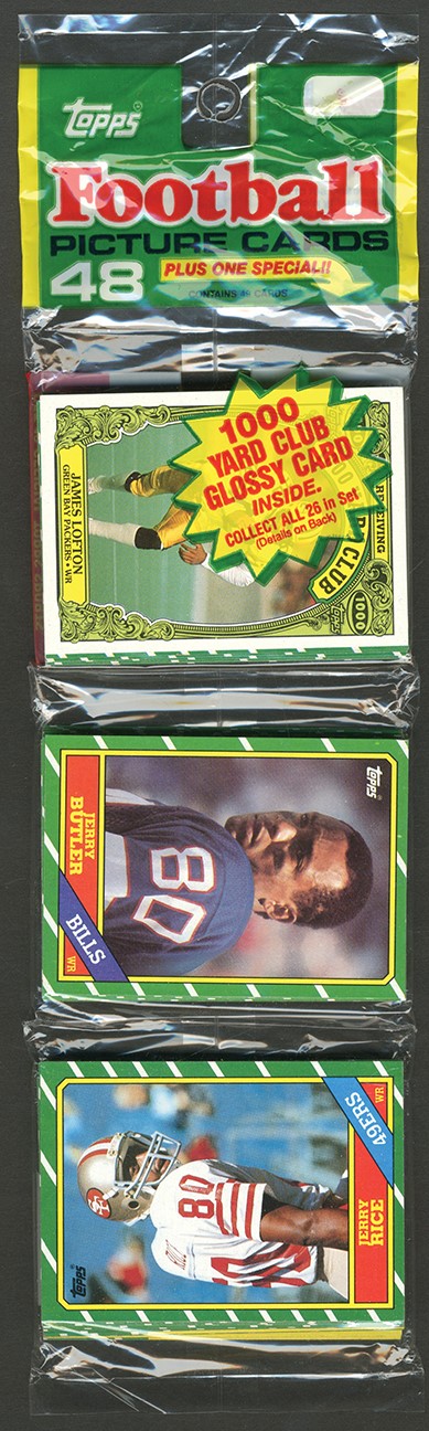 1986 Topps Football Unopened Rack Pack with Jerry Rice Rookie Showing