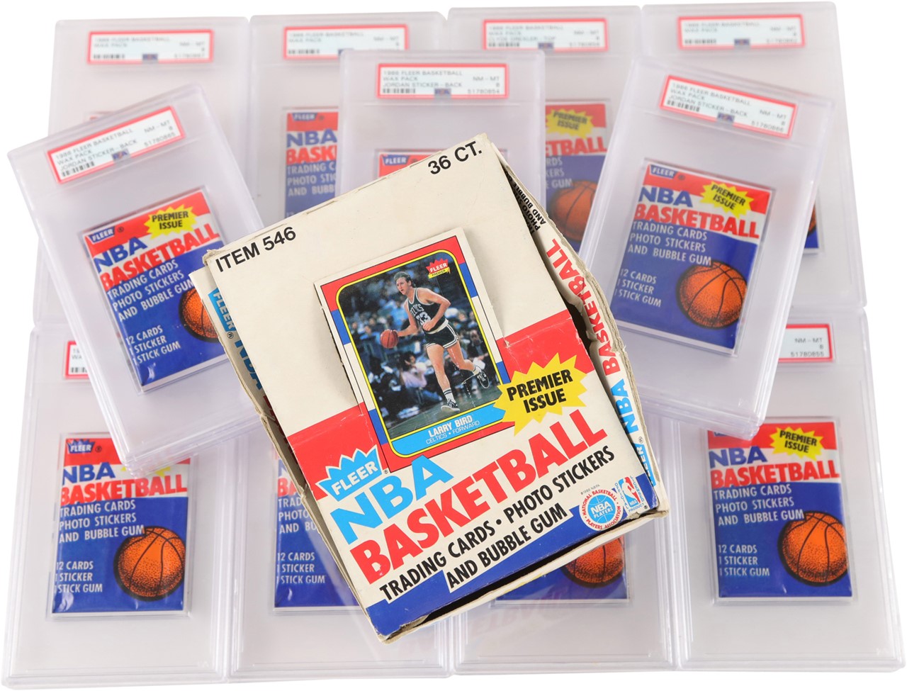 1986 Fleer Basketball Wax Box with (14) PSA "High Grade" Unopened Packs - Three Showing Jordan Sticker!