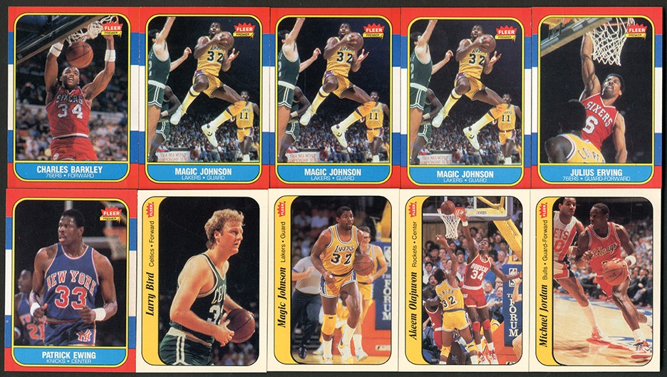 Modern Sports Cards - High Grade 1986 Fleer Basketball "Pack Fresh" Collection with Michael Jordan Sticker and Key Rookies (151)