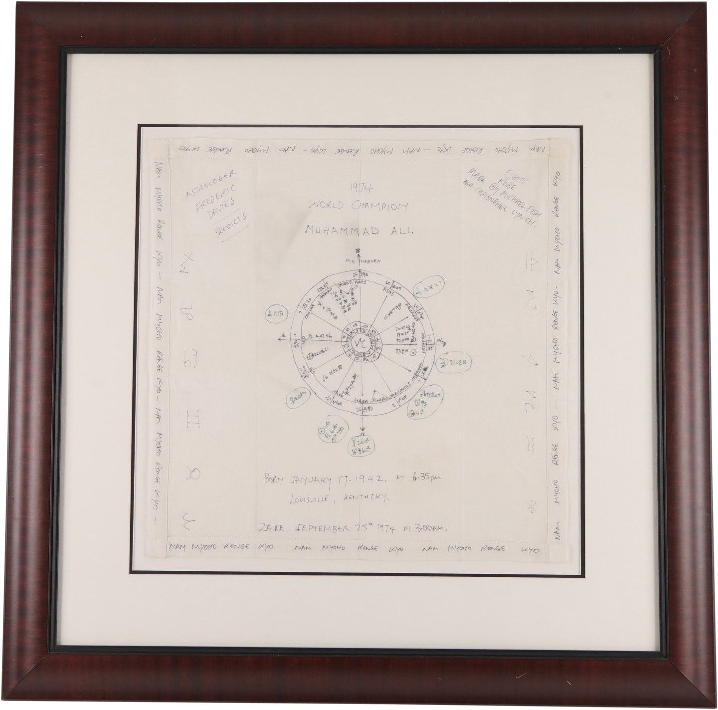 - 1974 Muhammad Ali "Rumble in the Jungle" Hand Drawn Astrological Victory Prediction Chart Secretly Sewn into Ali's Fight Worn Robe