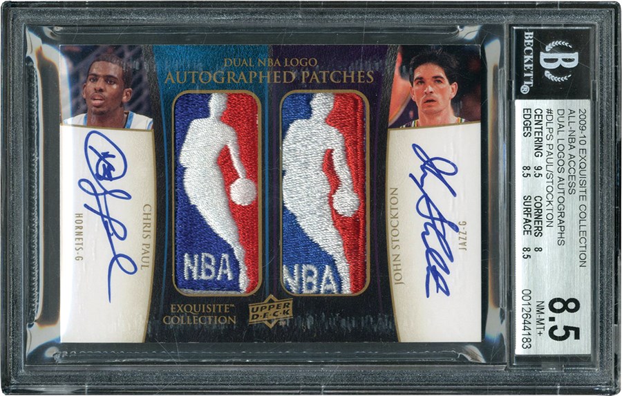 Modern Sports Cards - 2009-10 Exquisite Collection "Dual NBA Logos" John Stockton & Chris Paul Dual "1/1" NBA Game Worn Logoman Autograph BGS NM-MT+ 8.5 - Auto 10