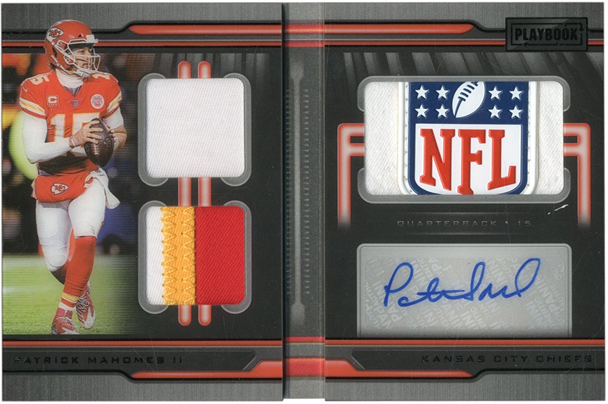 - 2019 Panini Playbook Material Patrick Mahomes "1 of 1" NFL Logo Shield Triple Patch Autograph