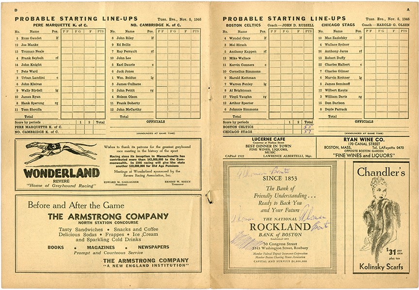 - 1946 Boston Celtics Inaugural Home Game Scorecard