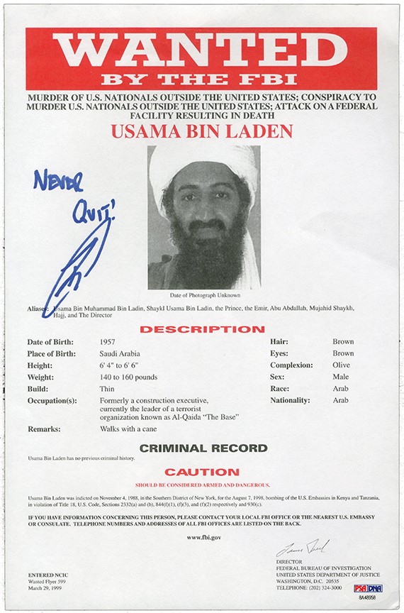 - Robert J. O'Neill Signed Osama Bin Laden FBI Most Wanted Sign (PSA)