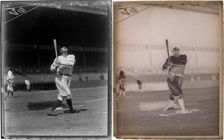 The Brown Brothers Collection - Fantastic Babe Ruth Batting Glass Plate Negative by Charles Conlon