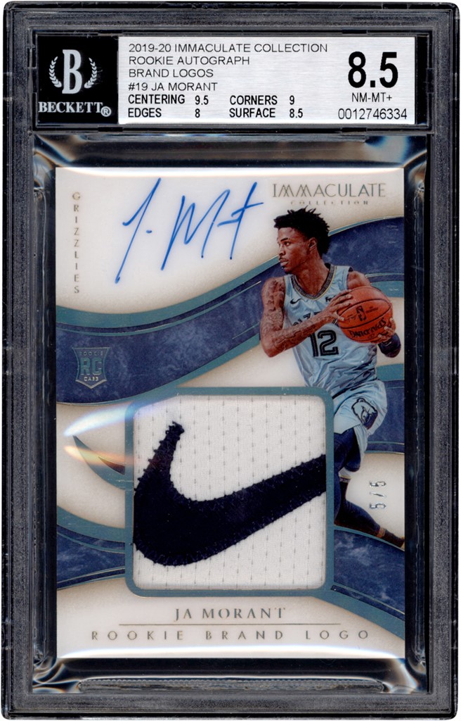 2019-20 Immaculate Collection Rookie Brand Logo Ja Morant Nike Logo Patch Autograph 5/5 BGS NM-MT+ 8.5 - Auto 10