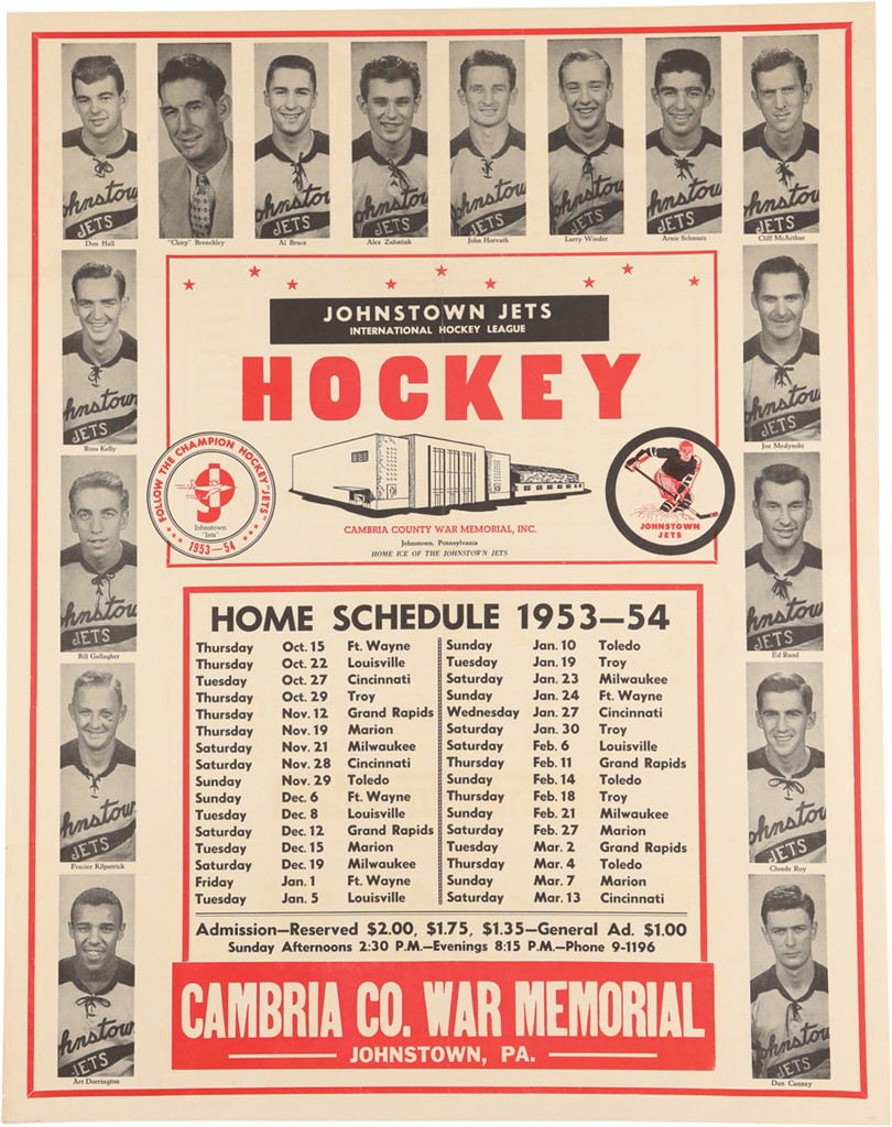 - 1953-54 Johnstown Jets Hockey Schedule w/Player Photos