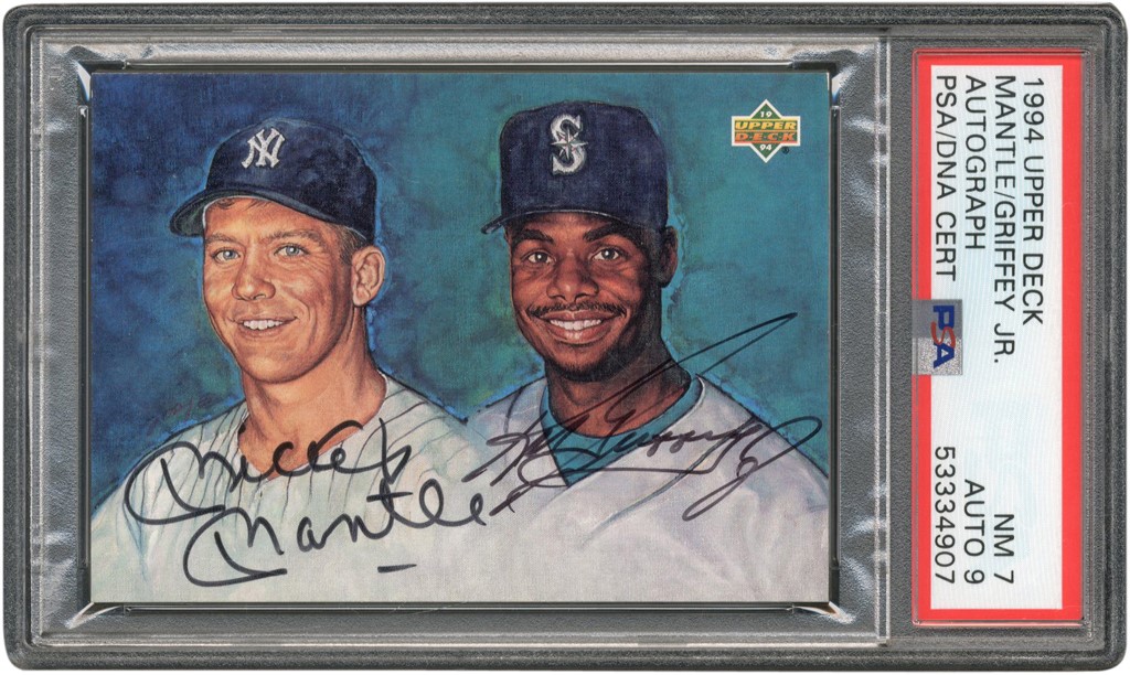 - 1994 Upper Deck Baseball Mickey Mantle and Ken Griffey Jr. Dual Autograph PSA NM 7 - Auto 9