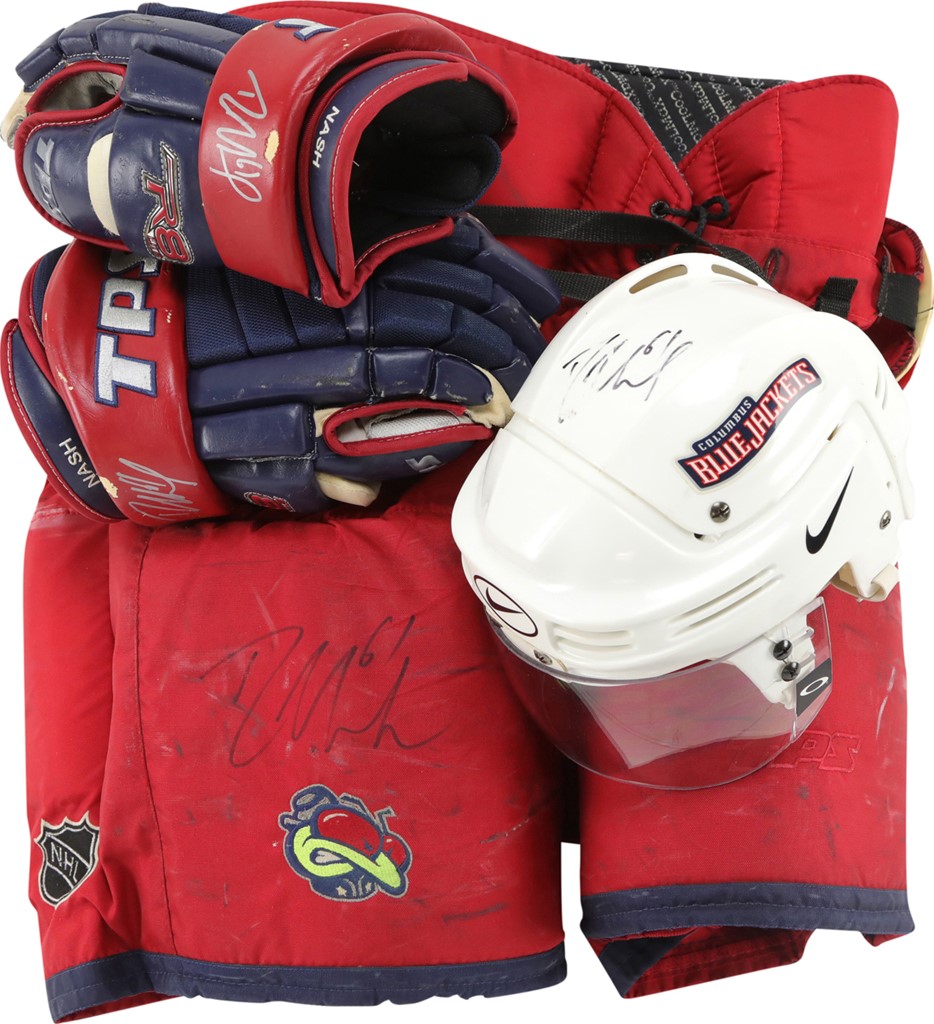 Hockey - Rick Nash Columbus Blue Jackets Signed Game Worn Helmet, Gloves and Hockey Pants (Photo-Matched & Team LOA)