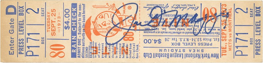 - Joe DiMaggio and Stan Musial Signed Full 1973 Shea Stadium Ticket (PSA)