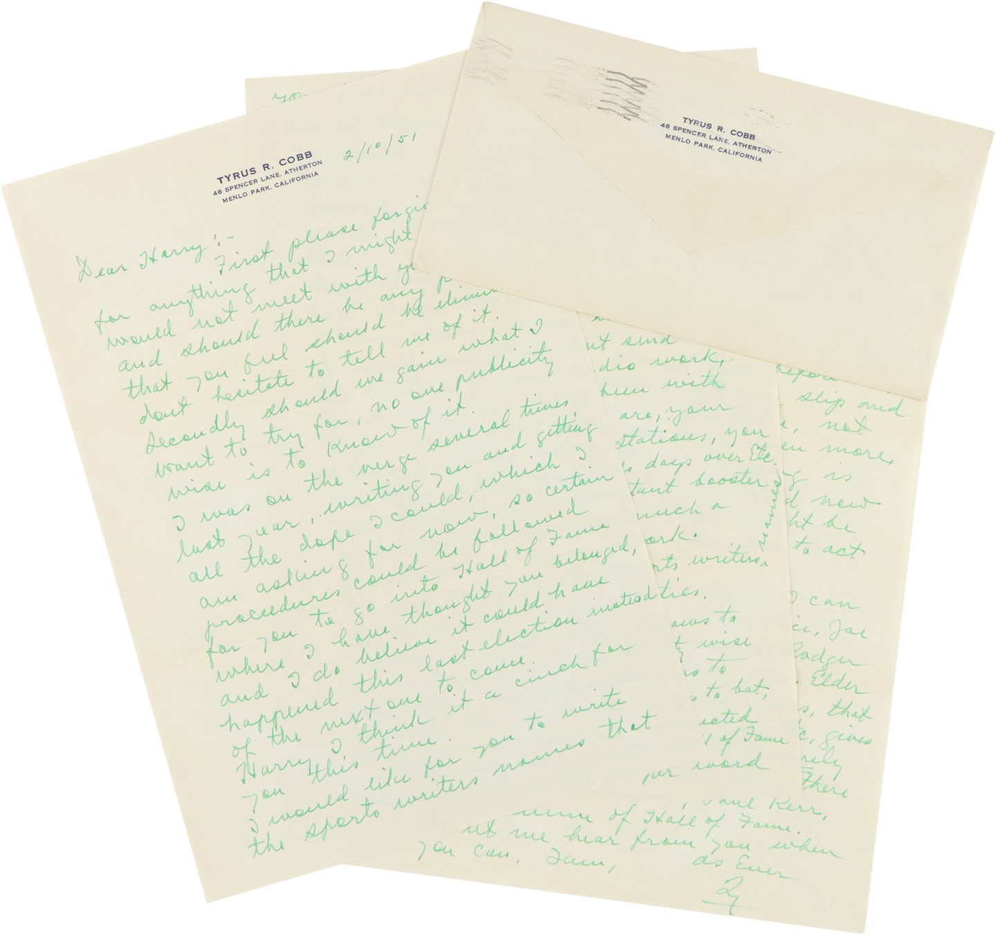 The Harry Heilmann Collection - Incredible Ty Cobb Handwritten Letter to Harry Heilmann w/Hall of Fame Content (PSA)