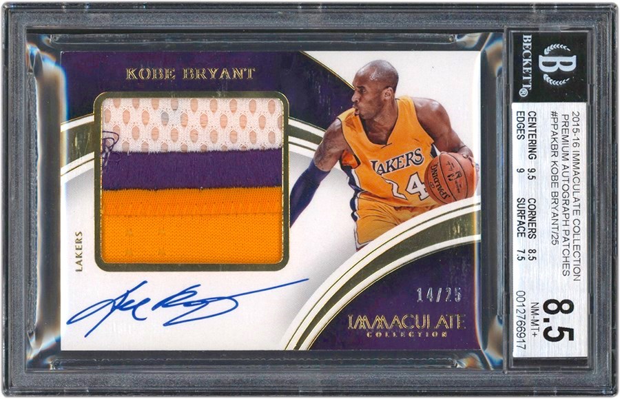 2015-16 Panini Immaculate Collection Premium Patches #PPA-KBR Kobe Bryant Game Worn Jersey Patch Autograph 14/25 BGS NM-MT+ 8.5 - Auto 10