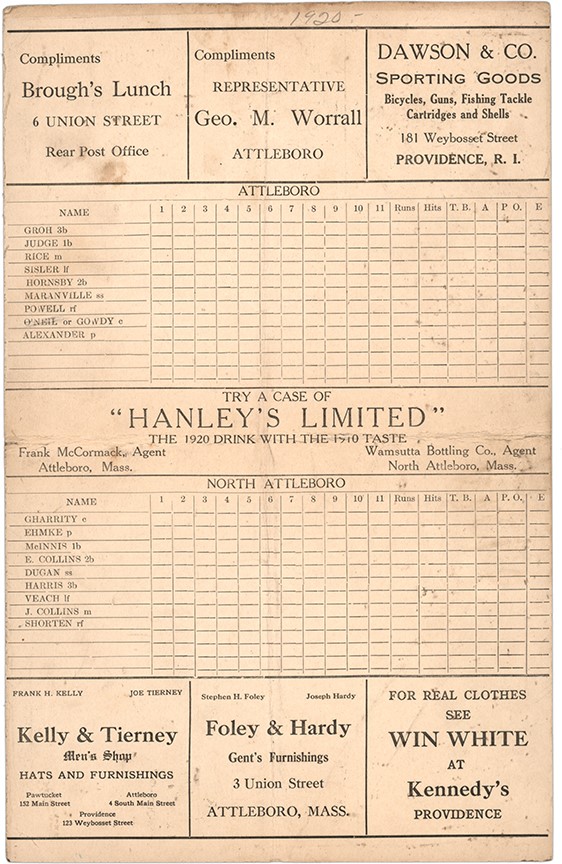- October 17, 1920, Major League Exhibition Game Scorecard Featuring Hall of Fame Legends