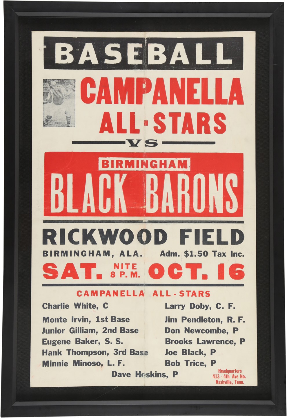 Baseball Memorabilia - 1954 Campanella All Stars vs. Birmingham Black Barons Broadside