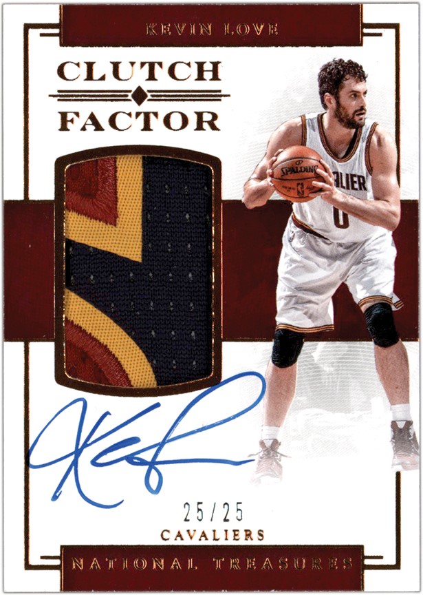 Basketball Cards - 2016 Panini National Treasures Clutch Factor Kevin Love Game Worn Letter Patch Autograph 25/25