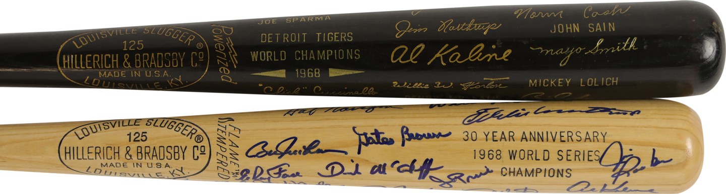 Ty Cobb and Detroit Tigers - Mint 1968 World Champion Detroit Tigers Team Signed Bat and World Series Black Bat