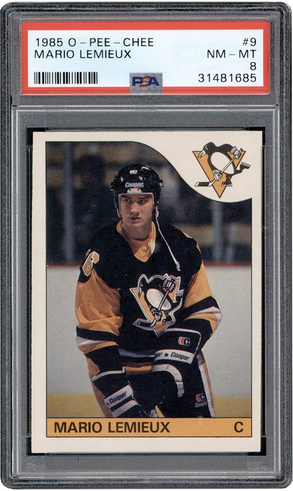 Hockey Cards - 1985-1986 O-Pee-Chee #9 Mario Lemieux Rookie Card PSA NM-MT 8