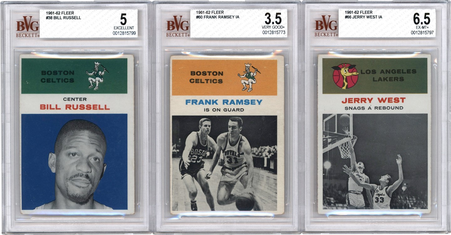 Basketball Cards - 1961 Fleer Basketball BVG Graded Trio with BVG 5 Bill Russell