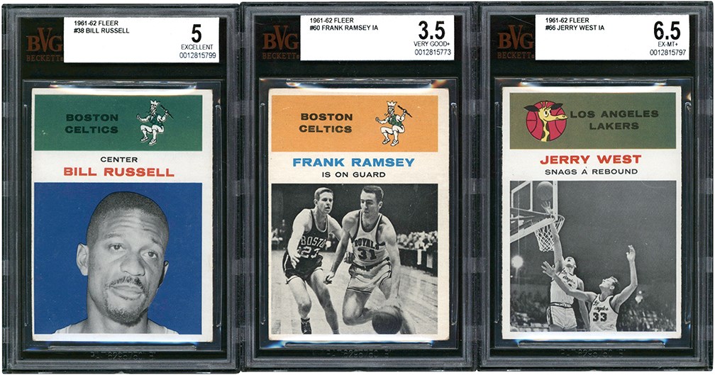 Basketball Cards - 1961 Fleer Basketball BVG Graded Trio with BVG 5 Bill Russell
