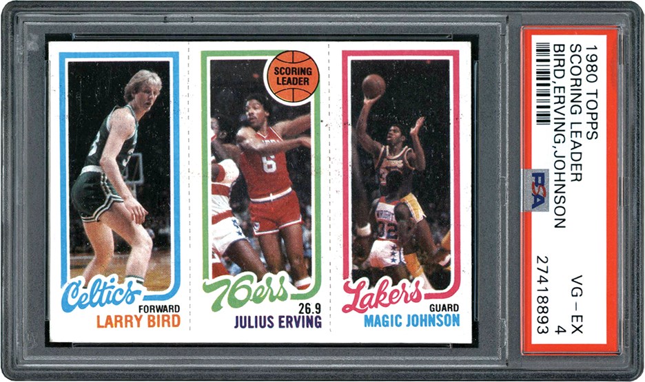 Basketball Cards - 1980 Topps Scoring Leaders Larry Bird, Julius Erving, Magic Johnson Rookie PSA VG-EX 4
