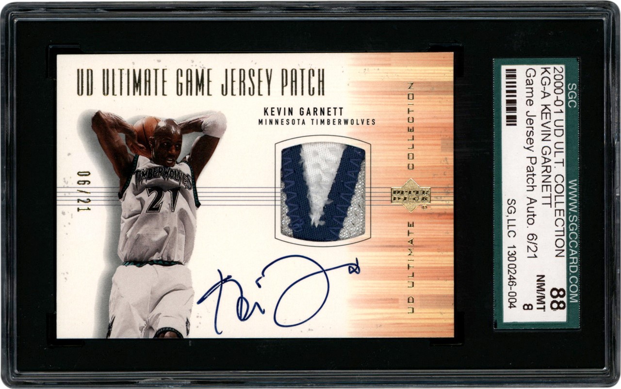 - 2000-01 Ultimate Collection Game Jersey Patch Auto #KG-A Kevin Garnett 6/21 SGC NM-MT 8 (Pop 1 of 1 Highest Graded!)