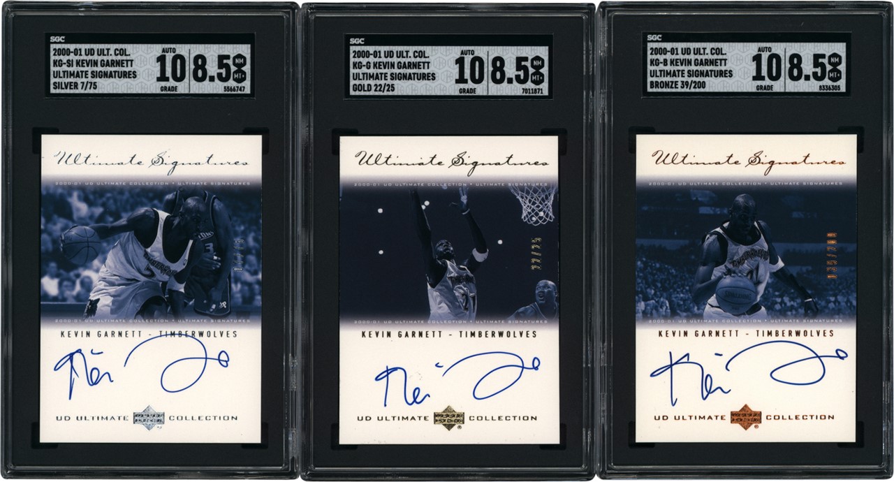 Modern Sports Cards - 2000-01 Ultimate Collection Ultimate Signatures Kevin Garnett Complete Gold, Silver, Bronze Autograph Set All SGC NM-MT 8.5