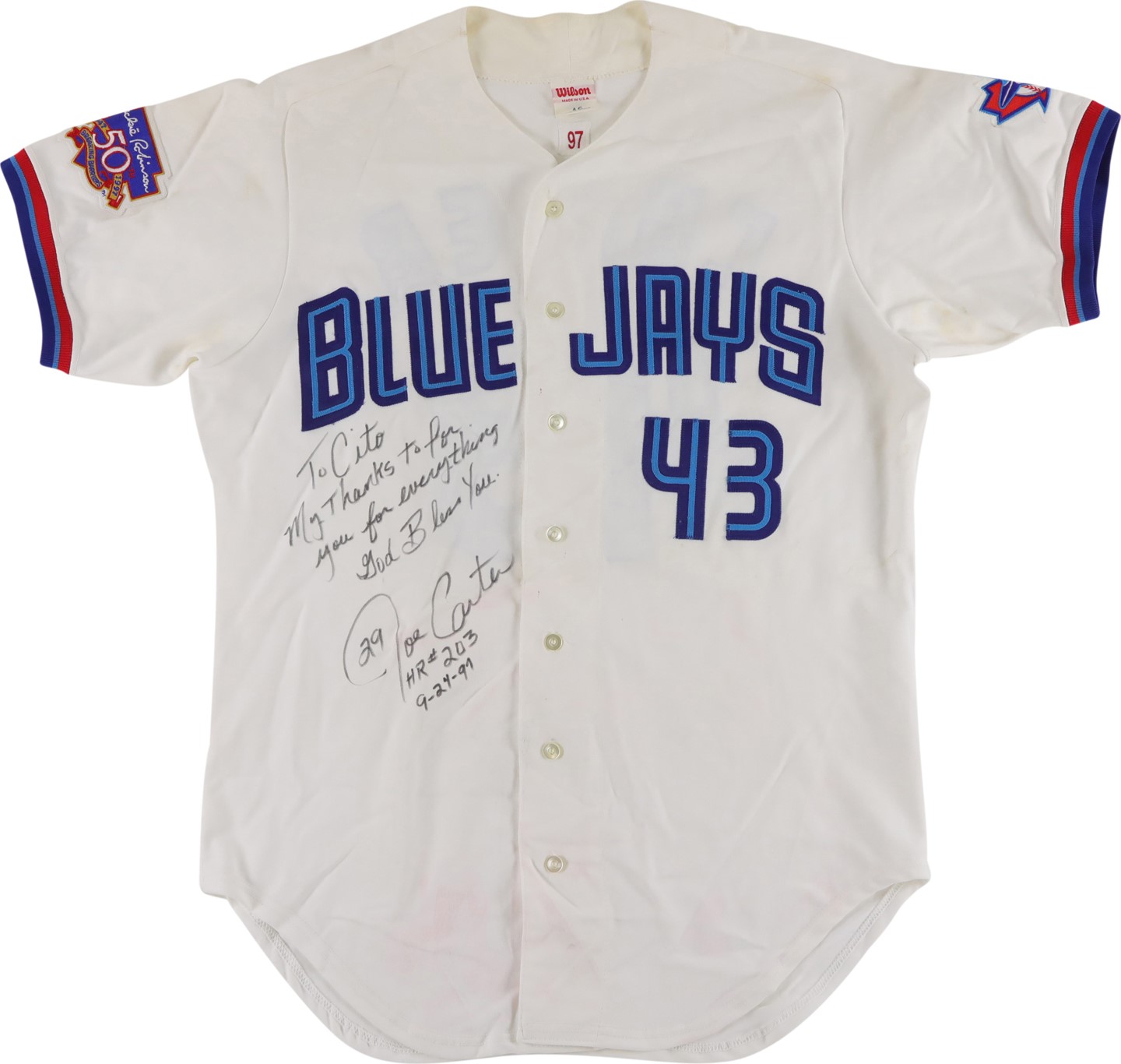 - 1997 Joe Carter Toronto Blue Jays HR #203 Signed Game Worn Jersey Gifted to Cito Gaston (Gaston LOA)