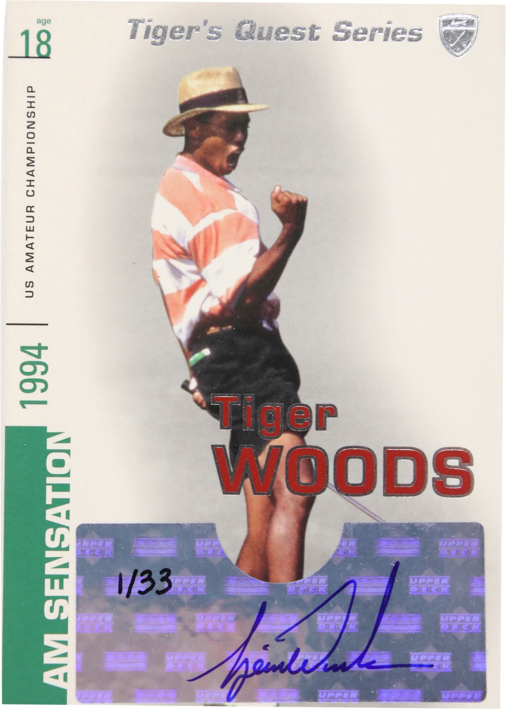 - 2002 Upper Deck "Tigers Quest" Series Sensation Tiger Woods Autograph #1/33 and Bobblehead