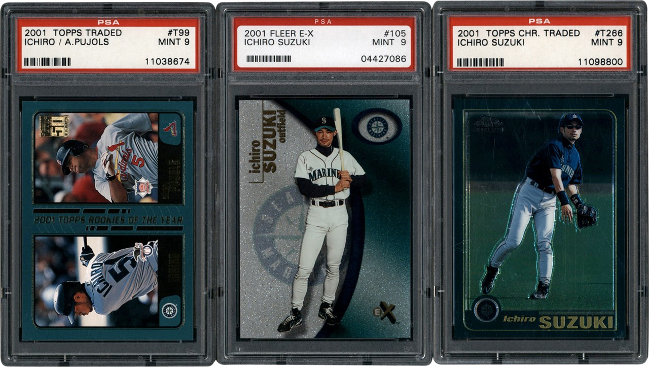 Modern Sports Cards - 2001 Topps, Chrome & Fleer Ichiro Suzuki PSA MINT 9 Rookie Trio