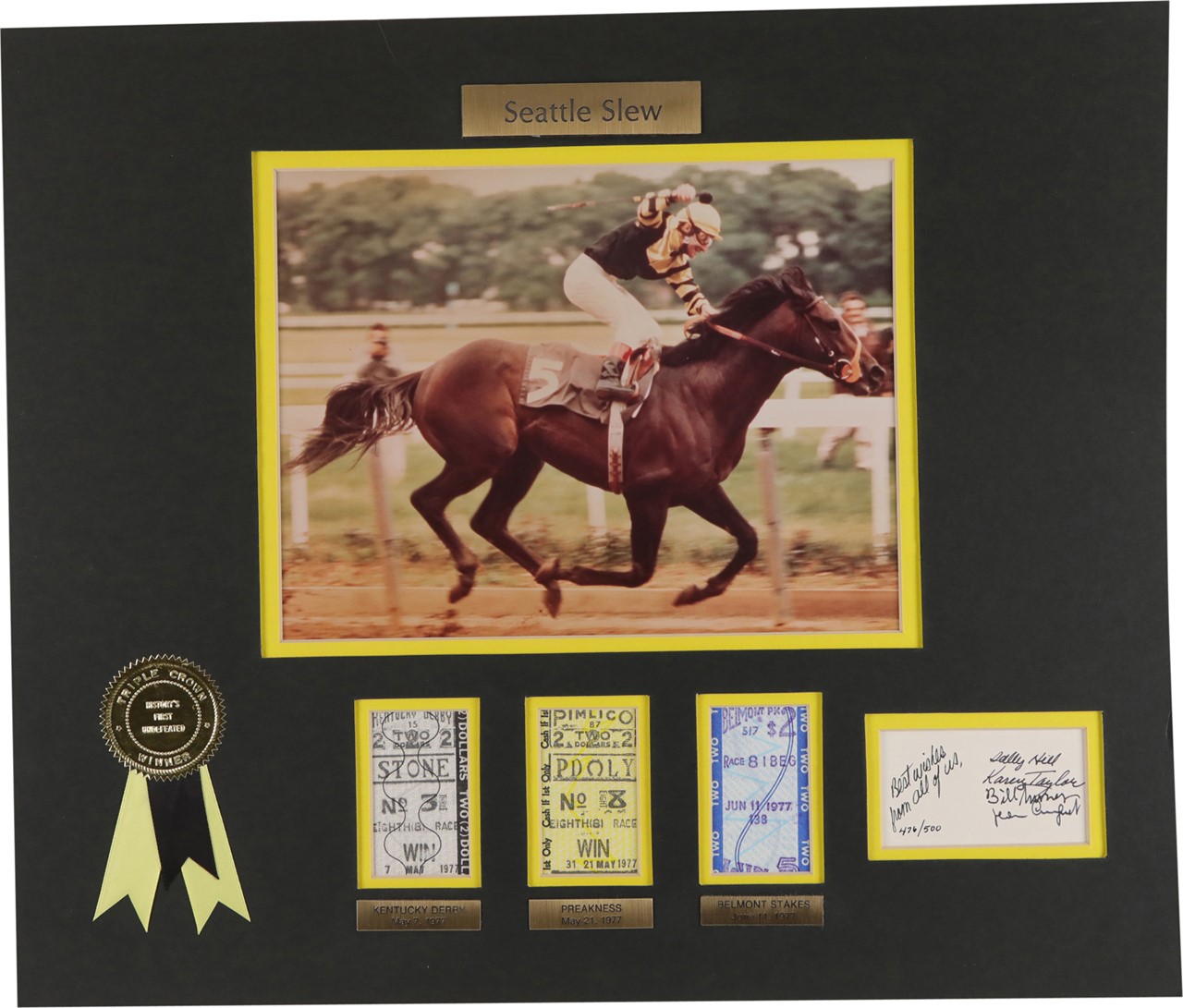 Horse Racing - Seattle Slew Triple Crown Win Ticket Display with Four Signatures