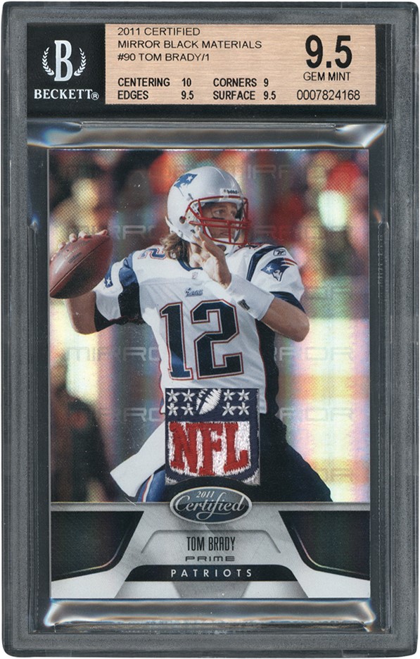 - 2011 Certified Mirror Black Materials #90 Tom Brady "1/1" Game Worn NFL Logo Shield Patch BGS GEM MINT 9.5