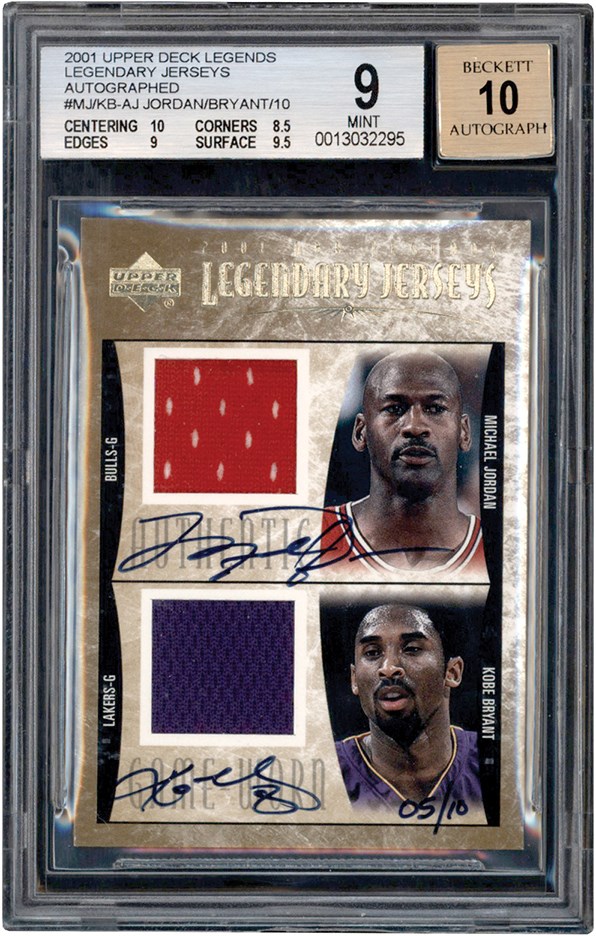 Modern Sports Cards - 2001-02 Upper Deck NBA Legends Legendary Jerseys Michael Jordan & Kobe Bryant Dual Game Worn Jersey Autograph 5/10 BGS MINT 9 - Auto 10 (Pop 1 of 2 - Highest Graded!)